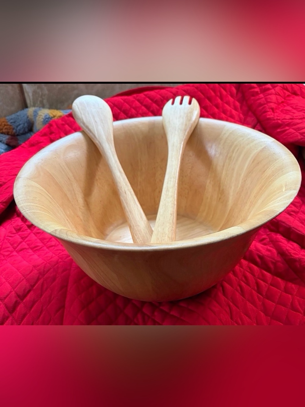 XXL Clay Art Natural Wood(Birch)Salad/Fruit Bowl with Spoon& Fork Servers